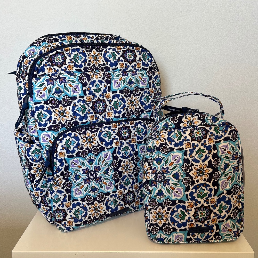 NWT Vera Bradley Essential Large Backpack & Lunch Bunch Lunch Bag Blue Yellow